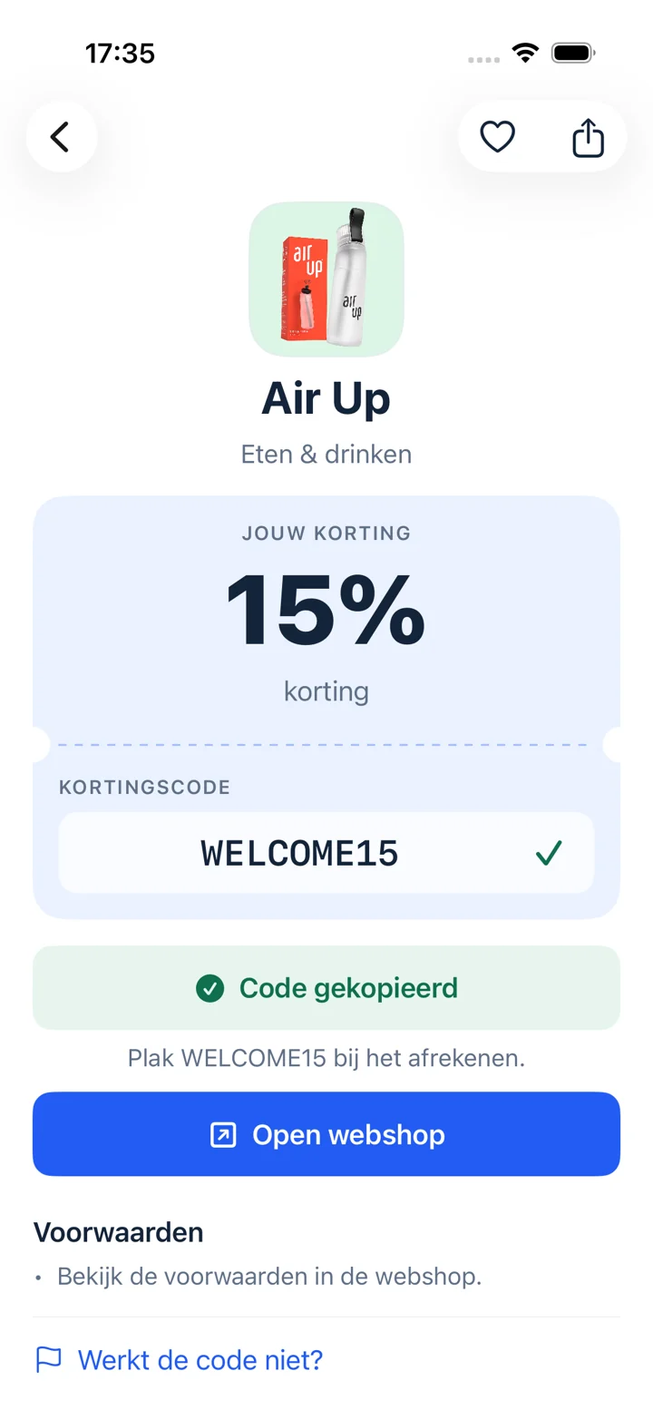 Kortio bevestigt dat de code is gekopieerd en biedt de webshopknop aan
